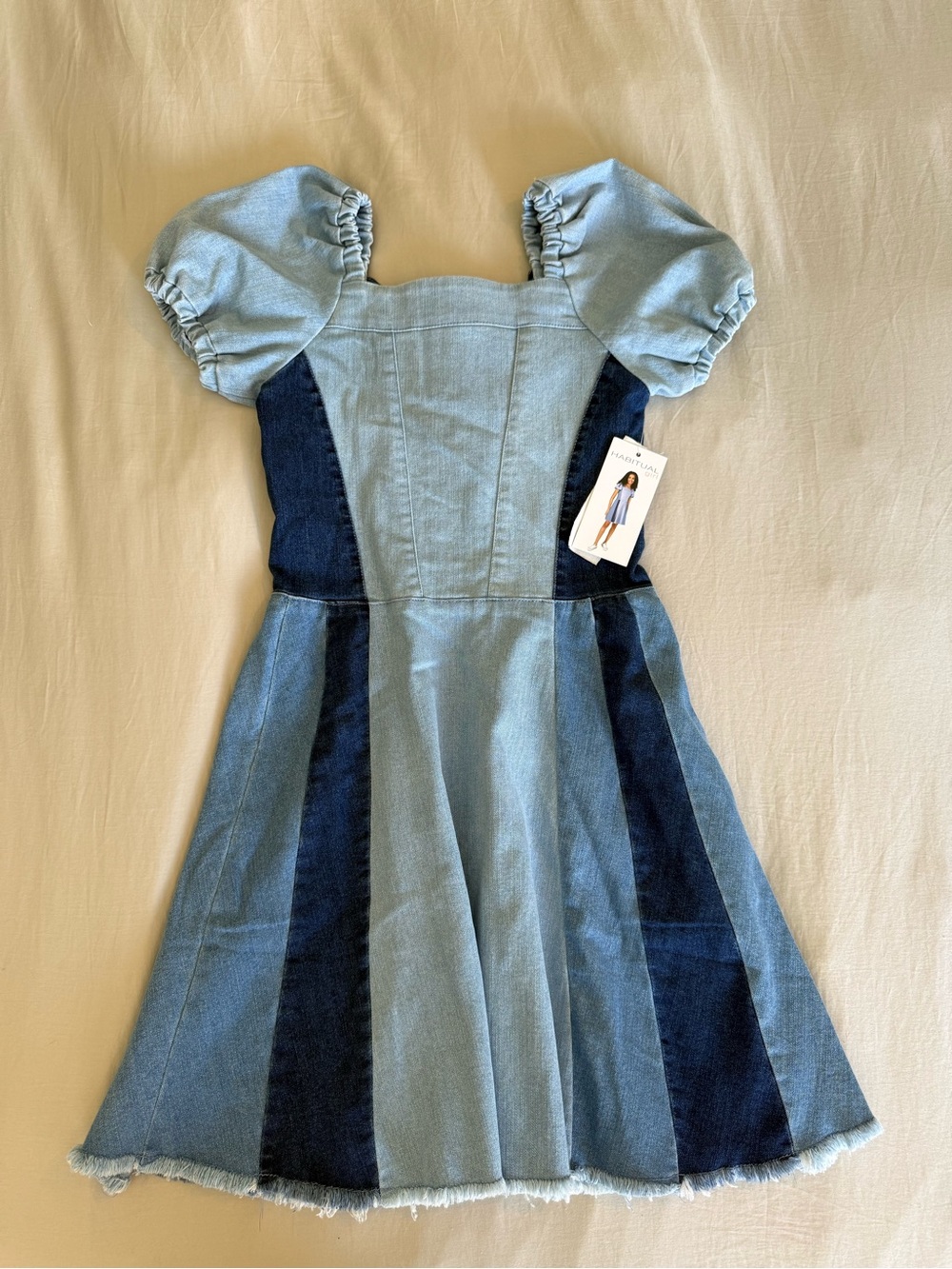 Habitual Girls' Two-Tone Denim Puff Sleeve Dress - Light Blue & Dark Blue